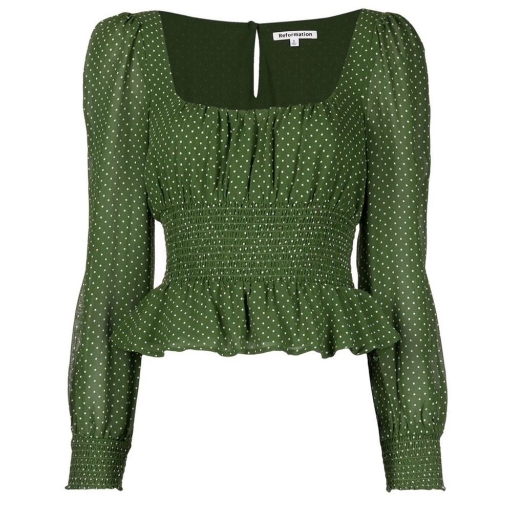 Reformation Green & White Polka Dot Size 4 Blouse